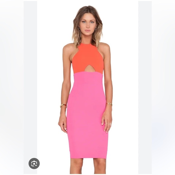 Nookie/ colorblock orange pink Bodycon  Farrah Shift midi Dress  10 - Picture 1 of 4